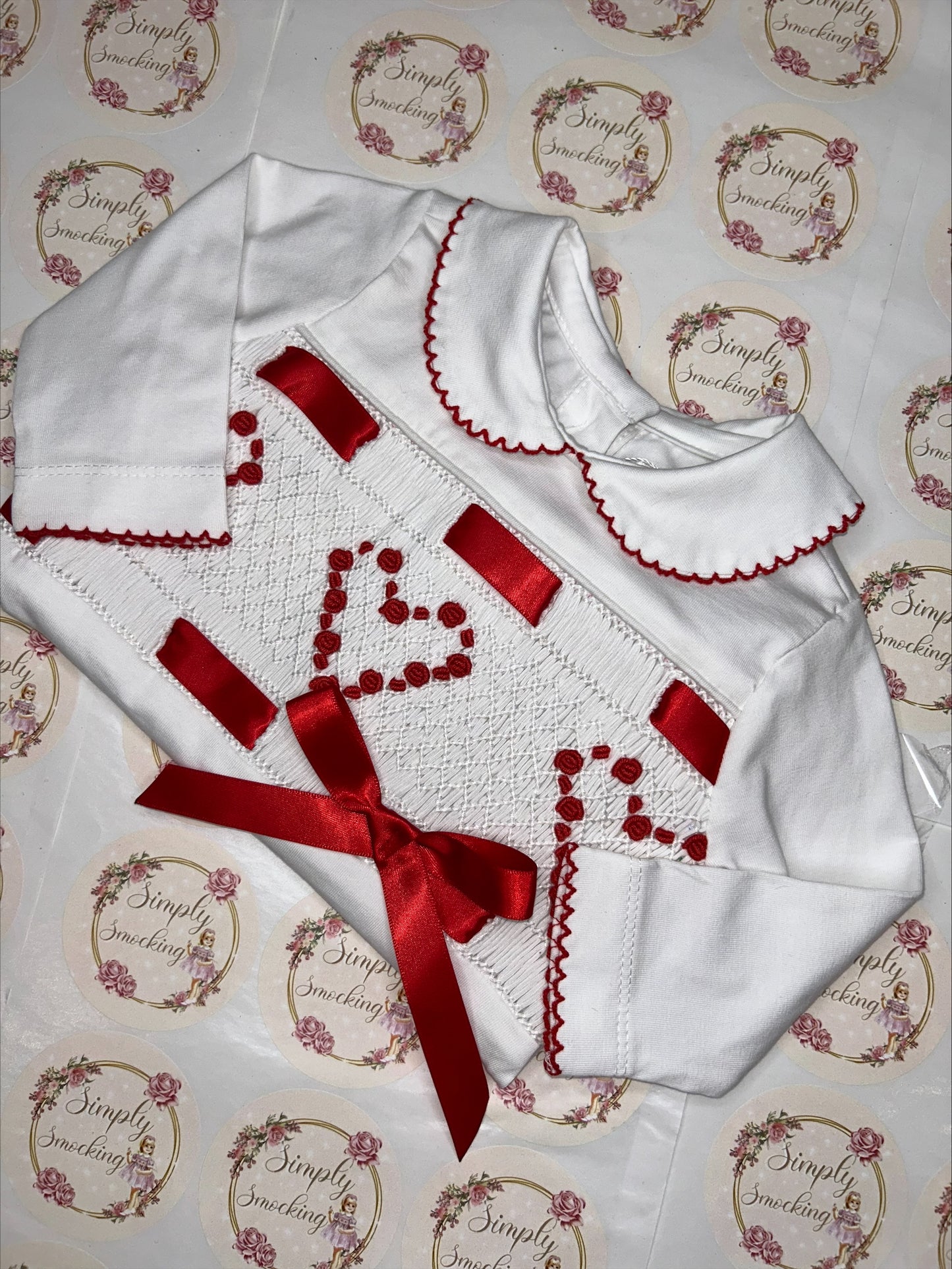Red & White Heart Smock Babygrow