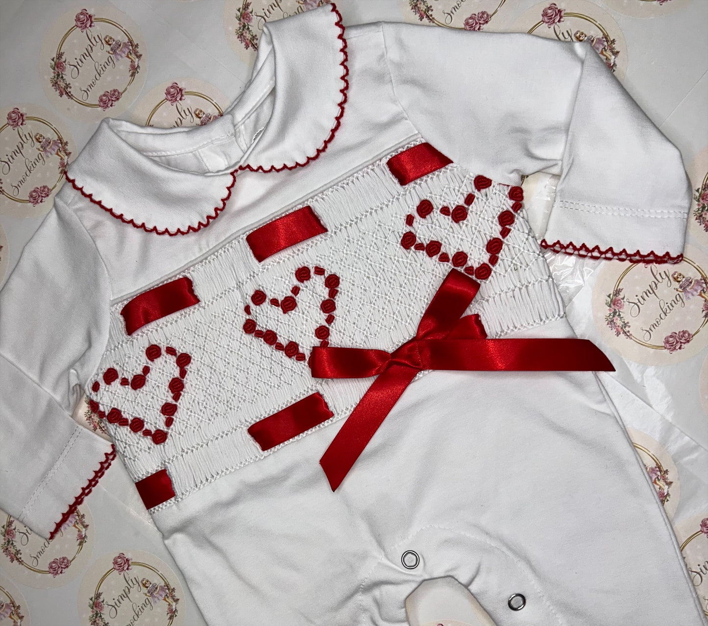 Red & White Heart Smock Babygrow
