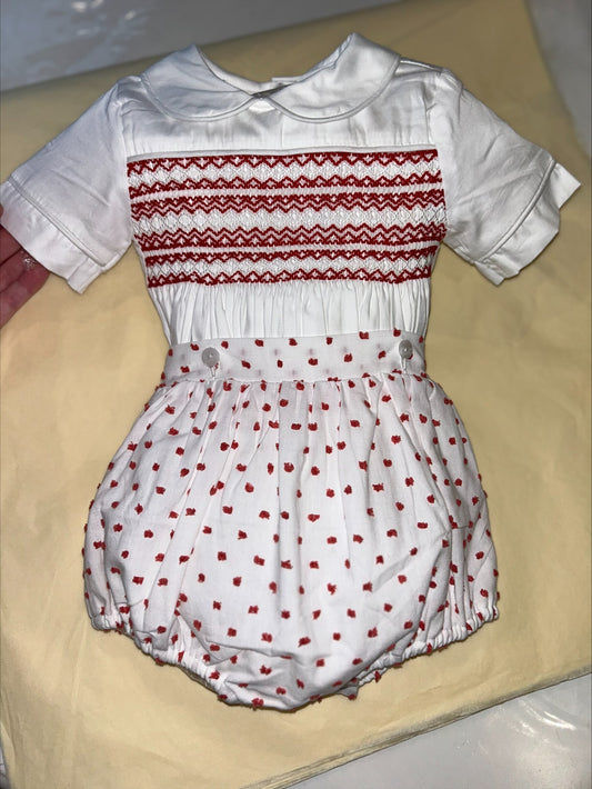 Boys Red Swiss Dot Smock Suit