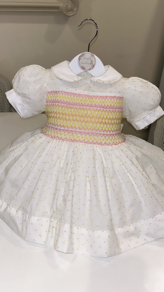 Lemon & Pink Swiss Dot Smocked Dress