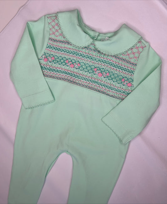 Girls Mint & Pink Smock Babygrow
