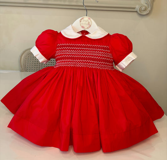 Red and white smocked dress