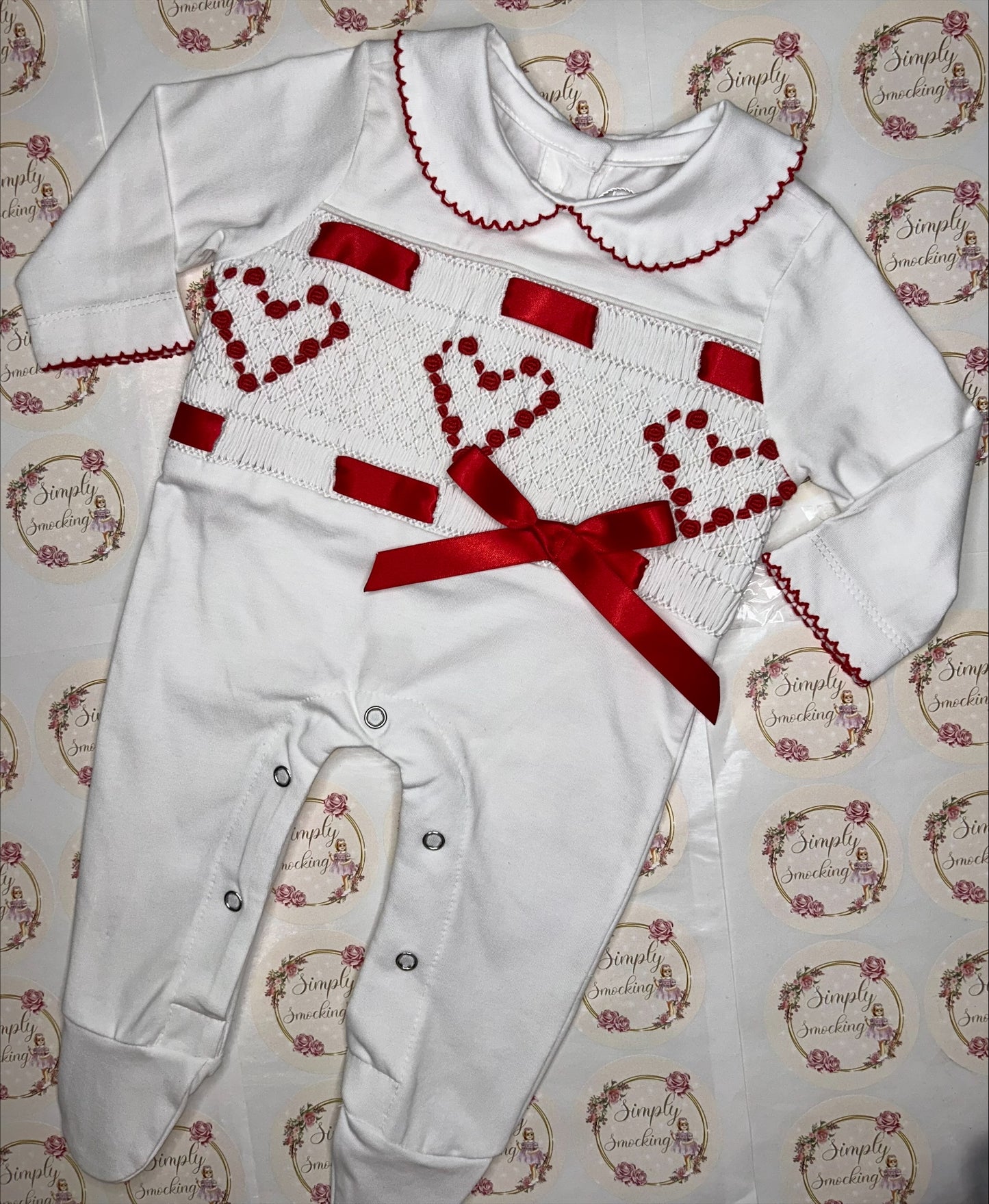 Red & White Heart Smock Babygrow