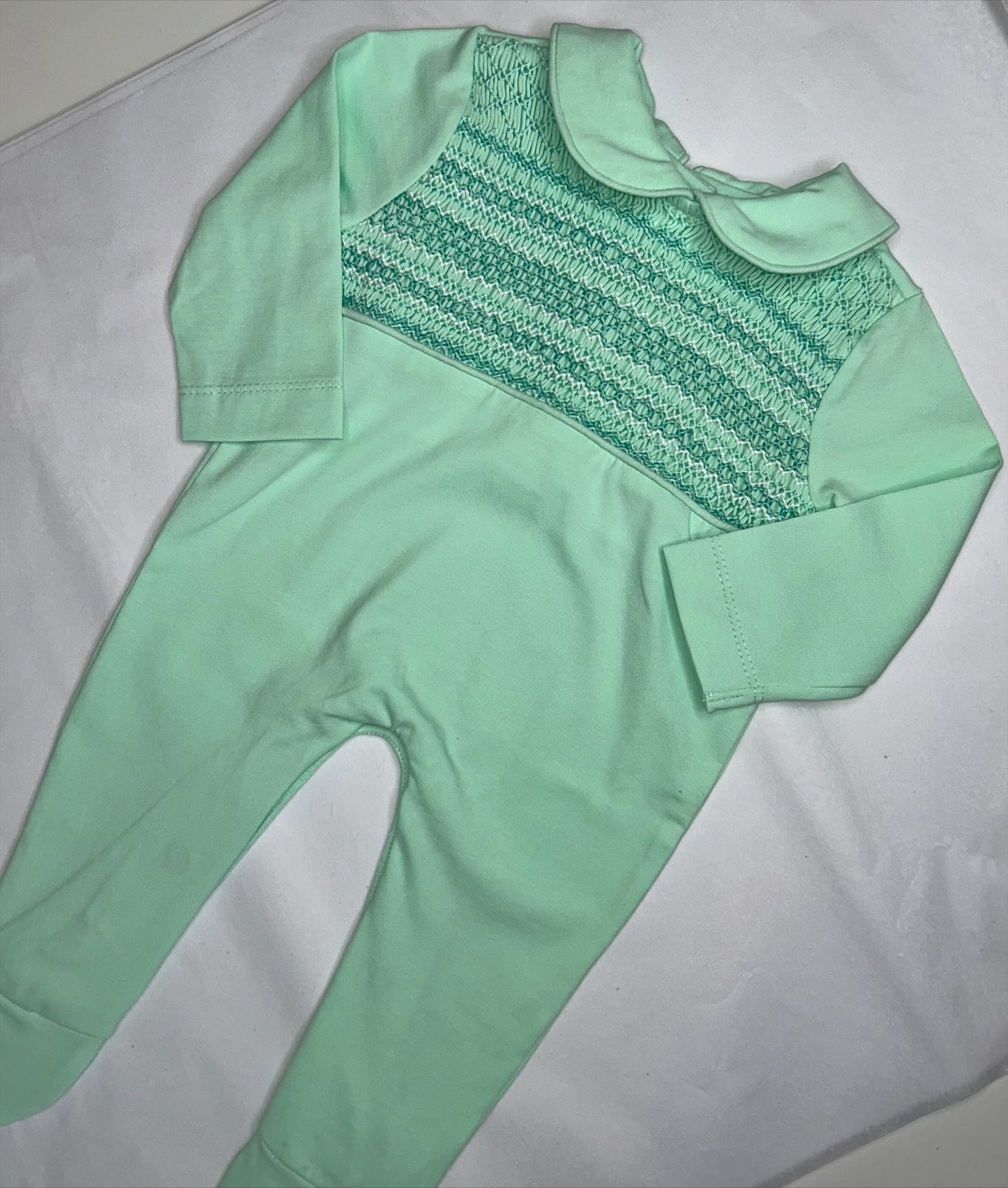 Boys Mint & White Smock Babygrow